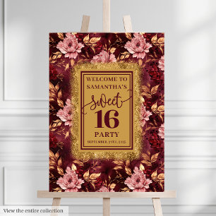 Classy Blush Burgundy Gold Sweet 16 Floral Sign