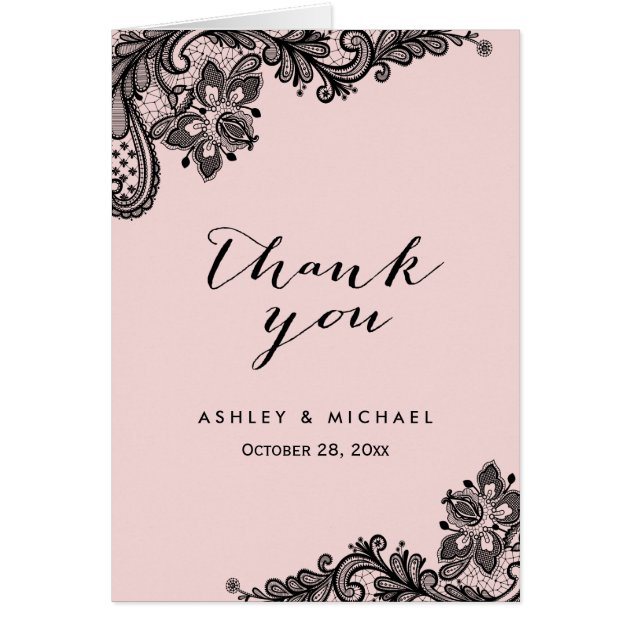 Classy Blush Pink Black Lace Floral Thank You Card