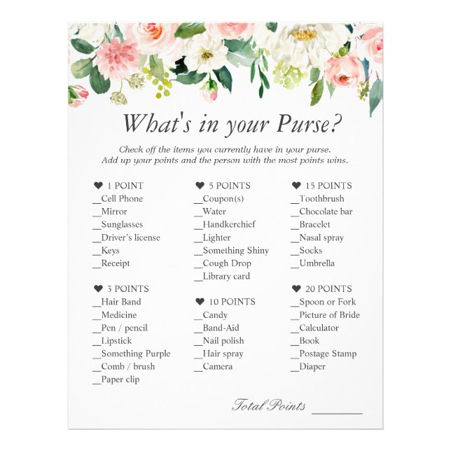 Classy Blush Pink Floral What's In Your Purse Game Flyer (Front)