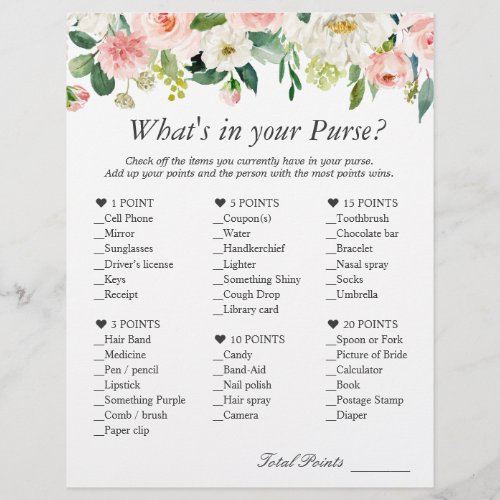 Classy Blush Pink Floral Whats In Your Purse Game Flyer