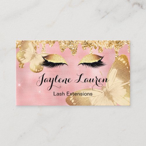 Classy Blush Pink Gold Glitter Drips Lash Makeup Business Card