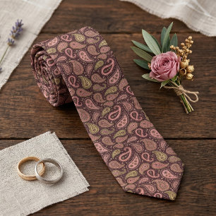 Classy Blush Pink Lime Green Dark Brown Paisley Neck Tie