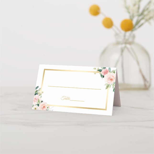 Classy Blushing Pink Floral Gold Frame Wedding Place Card (Front)