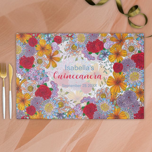 Classy Bohemian Floral Quinceañera Paper Placemat (Creator Uploaded)