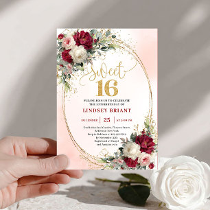 Classy Boho Burgundy Blush Gold Floral Sweet 16th Invitation