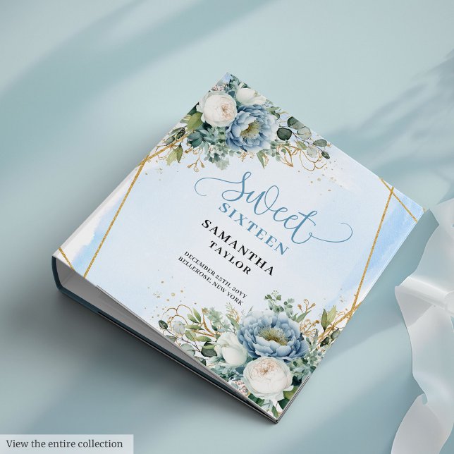 Classy Boho Dusty Blue Greenery Floral Sweet 16th 3 Ring Binder (Classy Boho Dusty Blue Greenery Floral Sweet Sixteen)