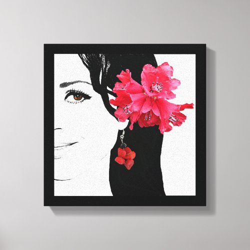 Classy boho girl in red coral earring and flowers canvas print