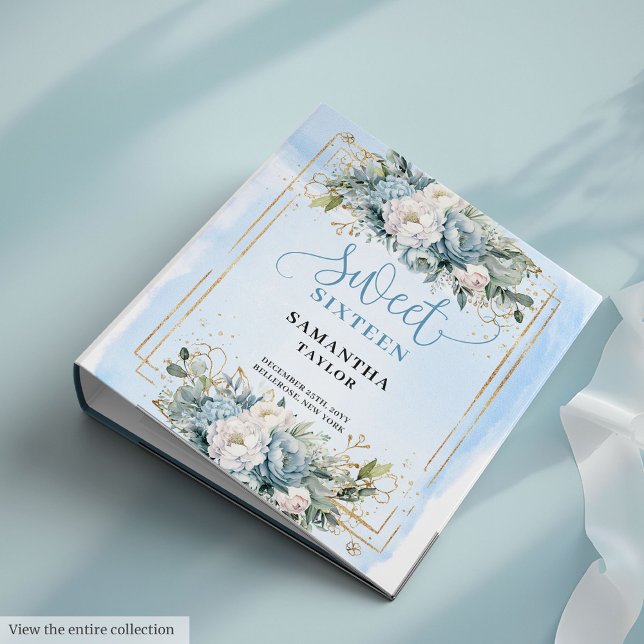 Classy Boho Pastel Blue White Floral Sweet Sixteen 3 Ring Binder (Classy Boho Pastel Blue White Floral Sweet 16)
