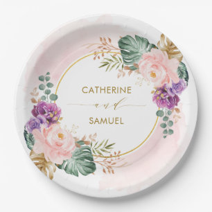 Classy Boho Tropical Blush Purple Floral Wedding Paper Plates