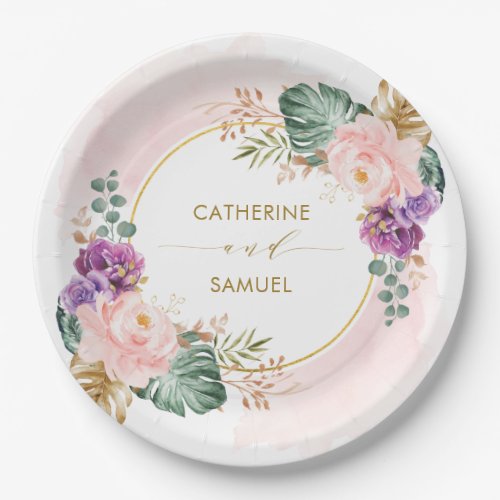 Classy Boho Tropical Blush Purple Floral Wedding Paper Plates