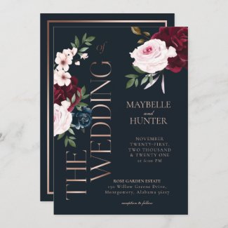 Classy Navy Blue, Burgundy and Rose Gold Wedding Invitation with floral and frame