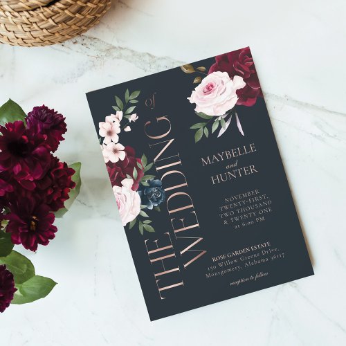 Classy Bold Burgundy  Navy Watercolor Florals Invitation
