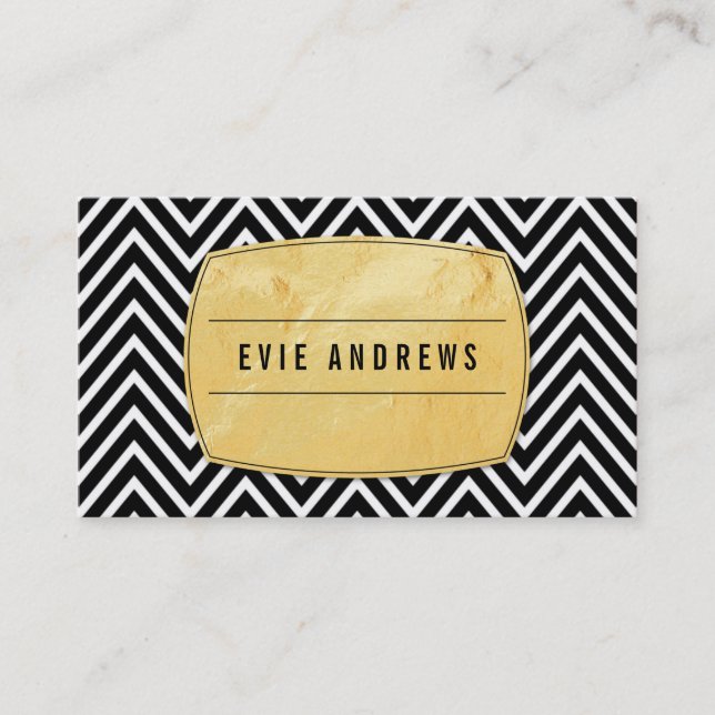 CLASSY bold chevron pattern gold foil panel black Business Card (Front)