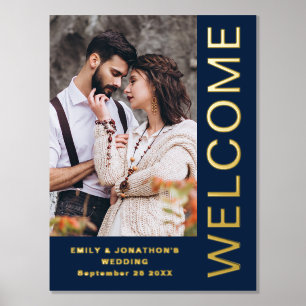 Classy Bold Text Photo Welcome Wedding Navy Blue Foil Prints