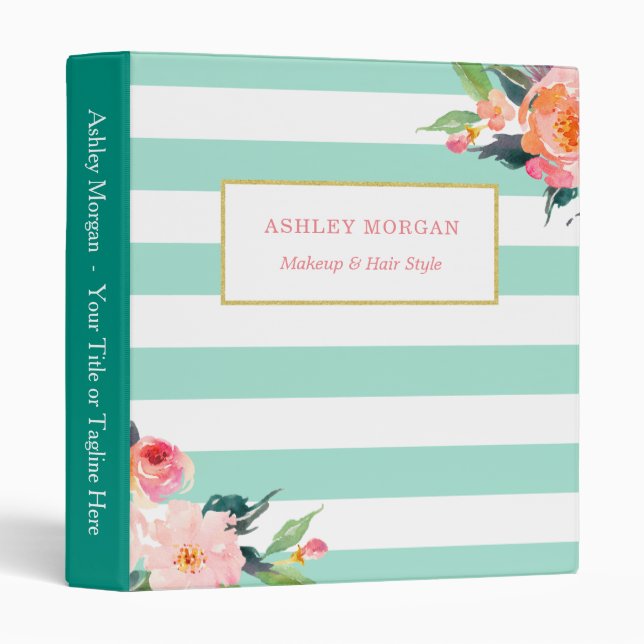 Classy Botanical Floral Mint Green White Stripes Binder (Front/Spine)