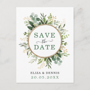 Classy Botanical Greenery Gold Save the Date Announcement Postcard
