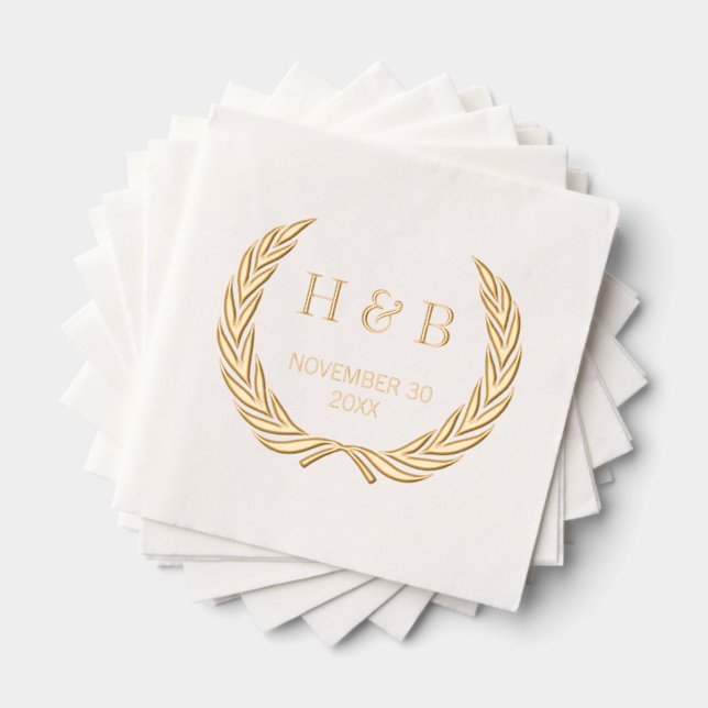 Classy Botanical Laurel Wreath and Couple Initials Foil Napkins (Insitu (Stacked))
