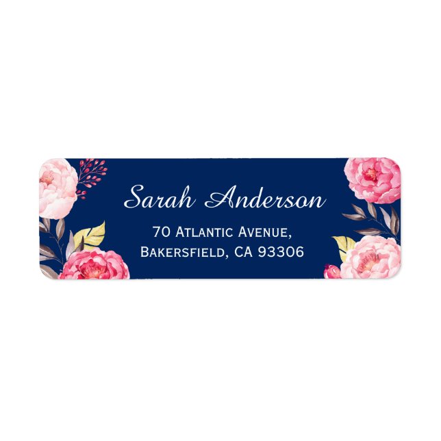 Classy Botanical Pink Flowers Navy Blue Label (Front)