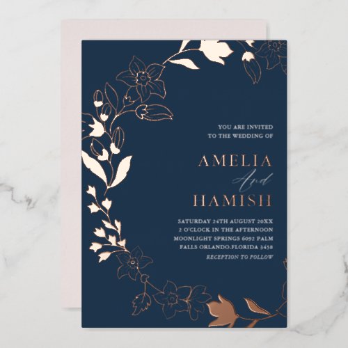 Classy Botanical Rose Gold  Blue Wedding  Foil Invitation