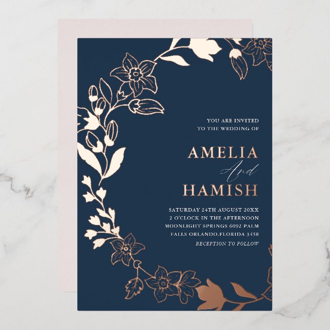Classy Botanical Rose Gold & Blue Wedding  Foil Invitation (Front/Back)