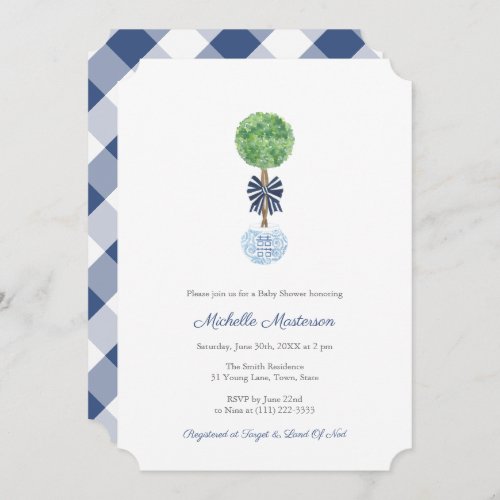 Classy Boxwood Dark Blue & White Boy Baby Shower Invitation - Handpainted topiary ball in a ginger jar planter adorned with a classic blue and white striped bow for this invitation design, shown here for a little boy baby shower but all of the text fields can be customised to your needs. All elements handpainted by yours truly in watercolors onto 100% cotton paper and scanned into digital form. Please note you can change the contrast color [currently a dark blue] on the reverse by clicking/ tapping to "customize further" and then changing the background color. You can also reduce the size of the check by using the "tile" icon.