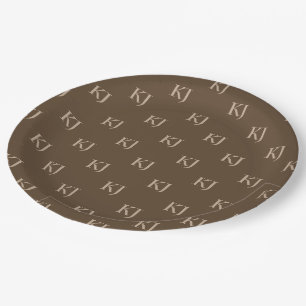 Classy Brown & Beige Monogram Initials Pattern Paper Plates