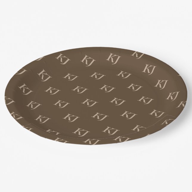 Classy Brown & Beige Monogram Initials Pattern Paper Plates (Angled)