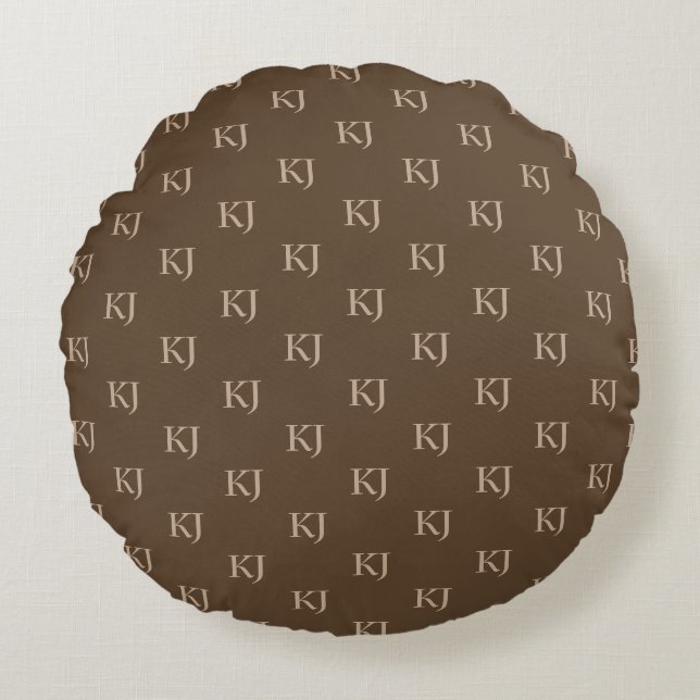 Classy Brown & Beige Monogram Initials Pattern Round Pillow (Front)