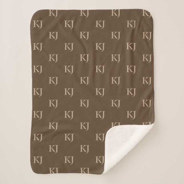 Classy Brown & Beige Monogram Initials Pattern Sherpa Blanket (Front)