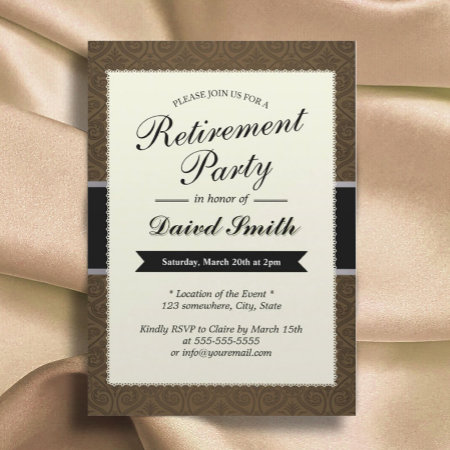 Classy Brown Damask Retirement Party Invitations