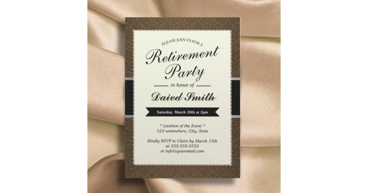 Classy Brown Damask Retirement Party Invitations | Zazzle