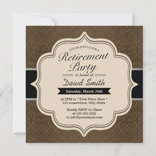 Classy Brown Damask Retirement Party Invitations 5.25" Square Invitation Card