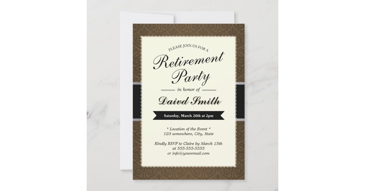 Classy Brown Damask Retirement Party Invitations
