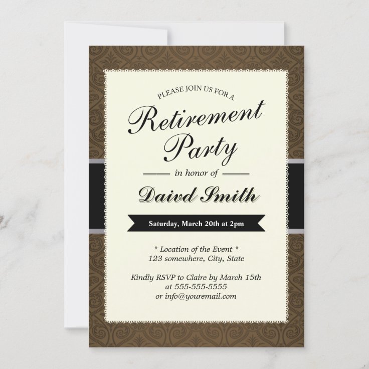 Classy Brown Damask Retirement Party Invitations | Zazzle