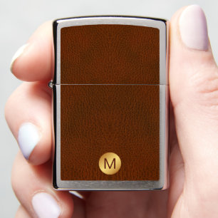 Classy Brown Faux Lather & Gold Initial Name Zippo Lighter