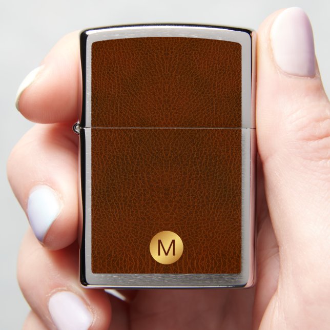 Classy Brown Faux Lather & Gold Initial Name  Zippo Lighter (In Hand)