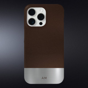 Classy Brown Leather and Brushed Metal Look Modern iPhone 15 Pro Max Case