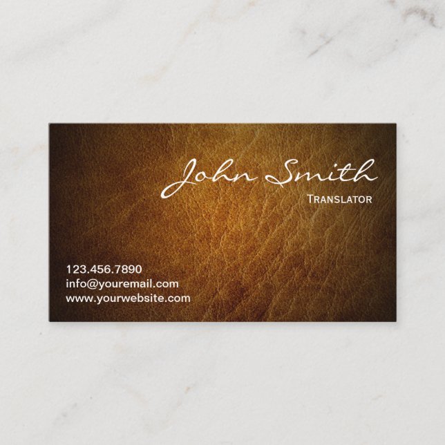 Classy Brown Leather Translator Business Card (Front)