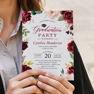 Classy Burgundy and Blush Floral Graduation Event Invitation