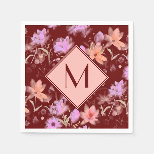 Classy Burgundy and Blush Pink Floral Monogram Napkins