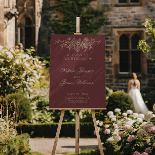 Classy Burgundy Beige Floral Wedding Welcome Sign