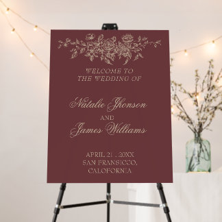 Classy Burgundy Beige Floral Wedding Welcome Sign