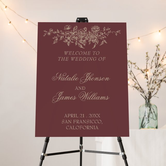 Classy Burgundy Beige Floral Wedding Welcome Sign (In Situ (Stand))