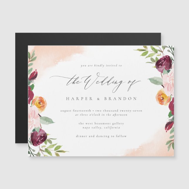 Classy Burgundy Blush Floral Botanical Wedding Magnetic Invitation (Front/Back)