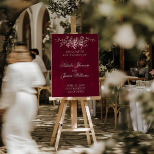 Classy Burgundy Cream Floral Wedding Welcome Sign