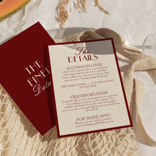 Classy Burgundy Cream Old Money Wedding Details Enclosure Card