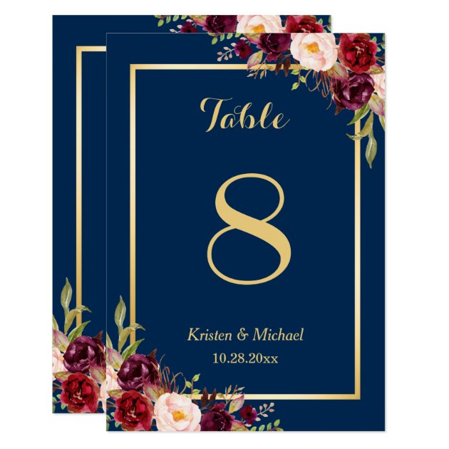 Classy Burgundy Floral Gold Navy Blue Table Number