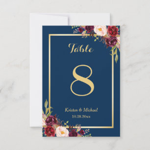 Classy Burgundy Floral Gold Navy Blue Table Number