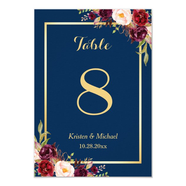 Classy Burgundy Floral Gold Navy Blue Table Number