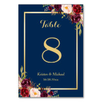 Classy Burgundy Floral Gold Navy Blue Table Number